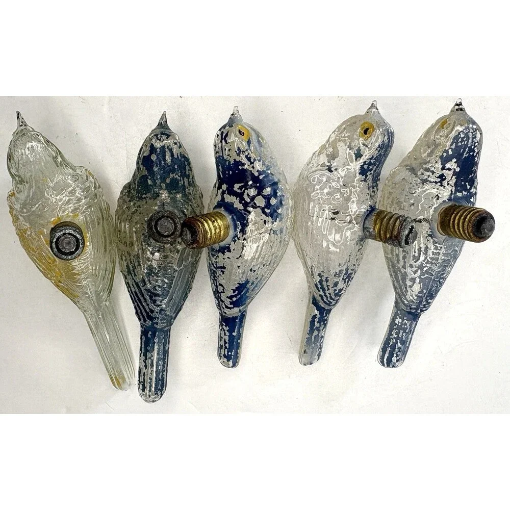Bird Light Bulb Ornament Clear Glass Painted Blue Old• 5 Pc • Christmas Vintage
